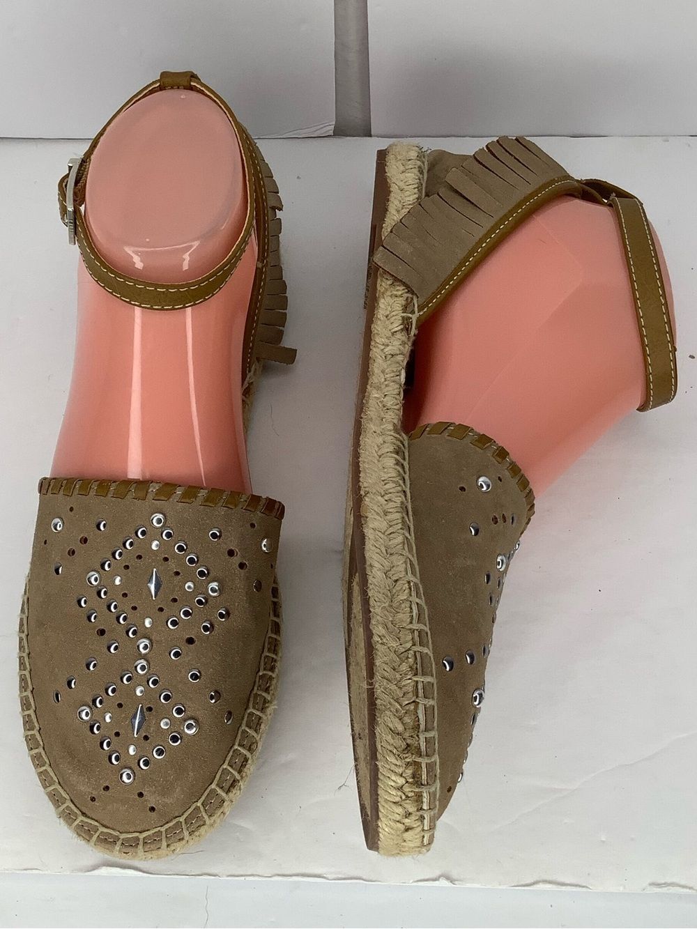 Sam & Libby Taupe Suede Espadrille Sandals Ankle Strap Stud Accents Sz 7